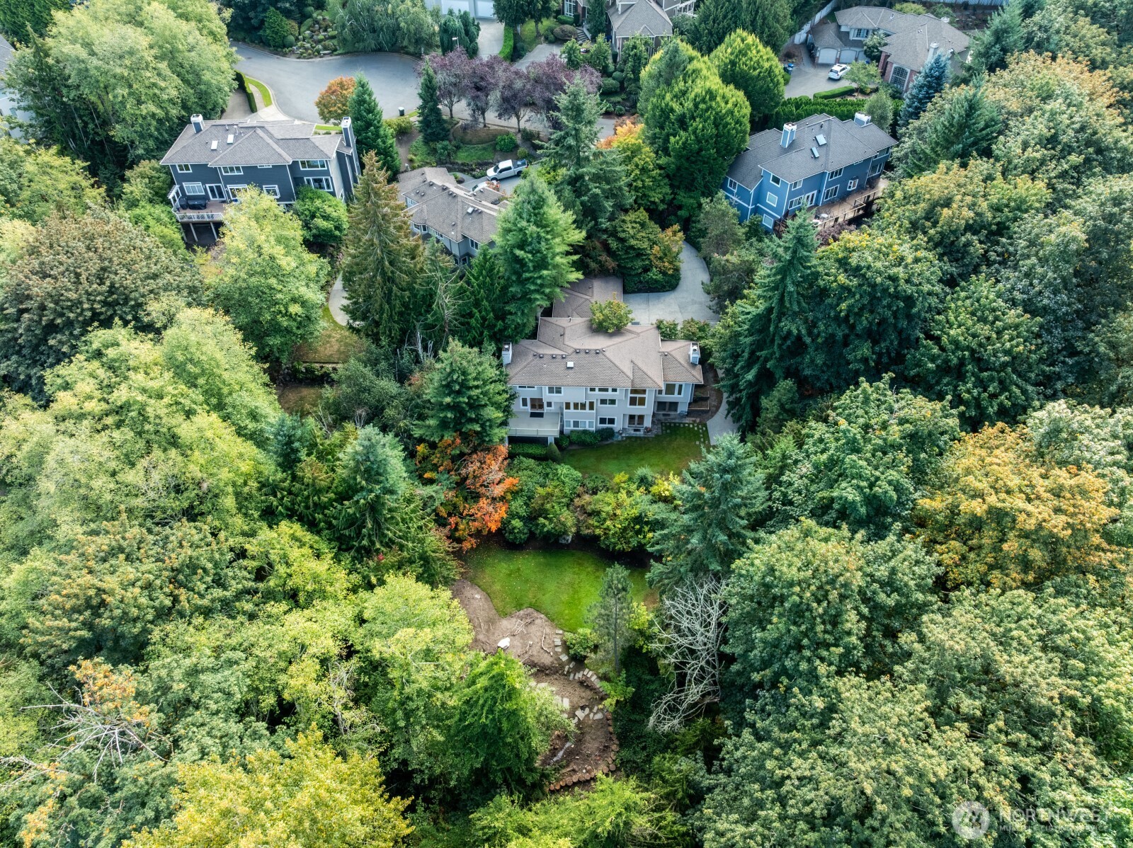 an aerial view of a house with a yard and lake view