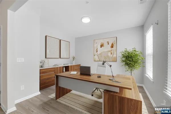 a room with a workspace