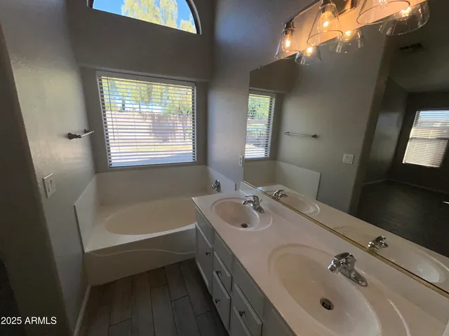 a bathroom with a tub sink and mirror