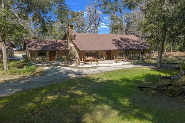 a view of a park with large trees