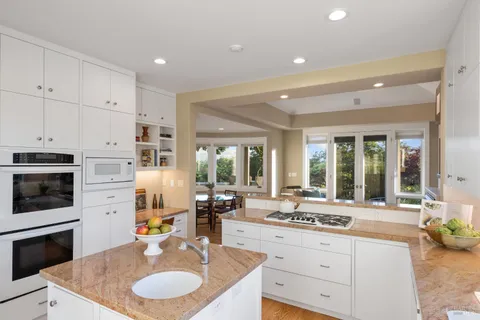 a kitchen with granite countertop a sink a counter top space stainless steel appliances and cabinets