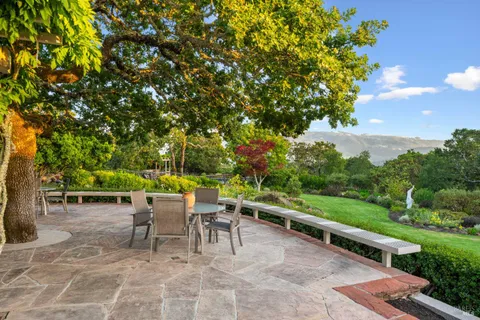 a view of a chairs and table in the backyard