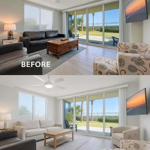 a living room with furniture and large windows