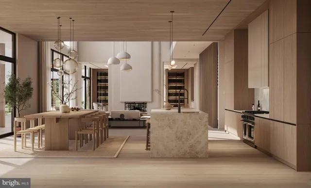 a living room with furniture a large window and stainless steel appliances