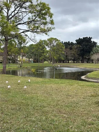 a view of a lake with a big yard and large trees