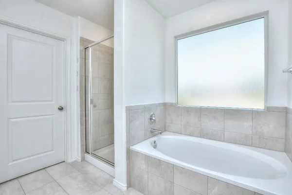 a bathroom with a bathtub and shower