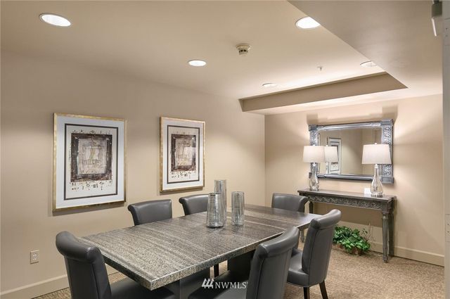 a view of a dining room with furniture