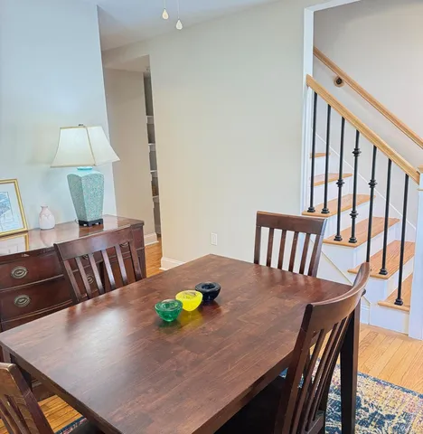a view of a dining room with furniture