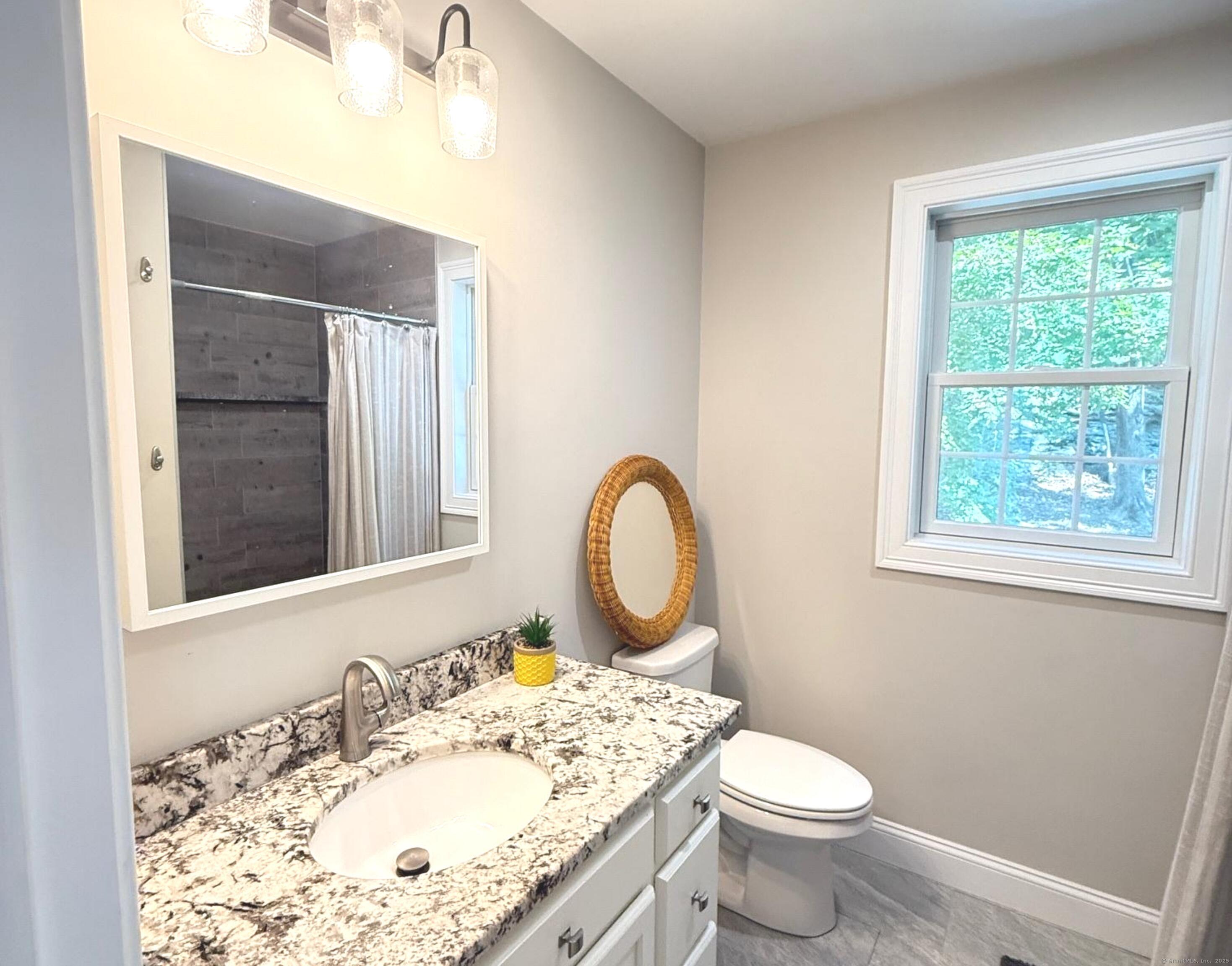 152 Hewitt Road Stonington, CT 06355 - Photo 24 of 34 a bathroom with a granite countertop toilet a sink and a window