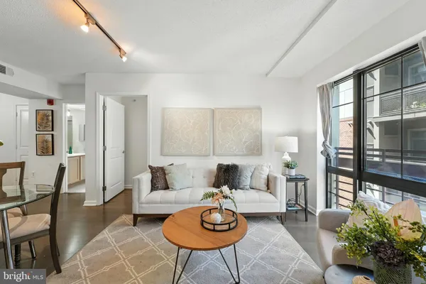 a living room with furniture and a potted plant