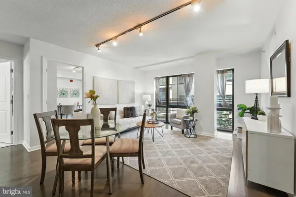 a view of a dining room with furniture and a potted plant