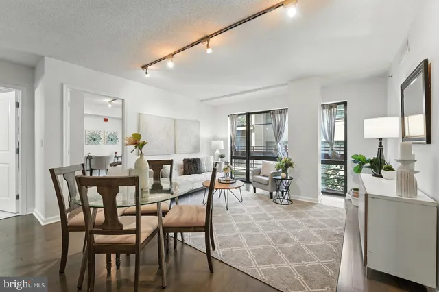a view of a dining room with furniture and a potted plant