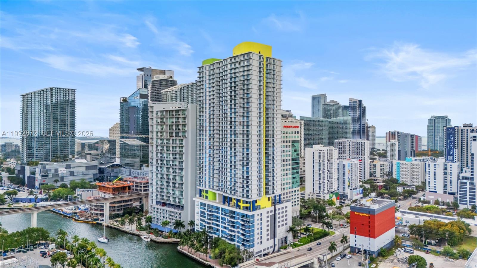 a city view with tall buildings