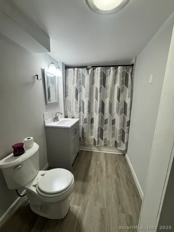 a bathroom with a sink a toilet a mirror and shower curtain