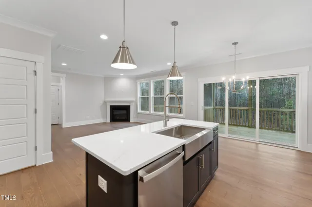 a kitchen with a sink a counter top space and a wooden floor