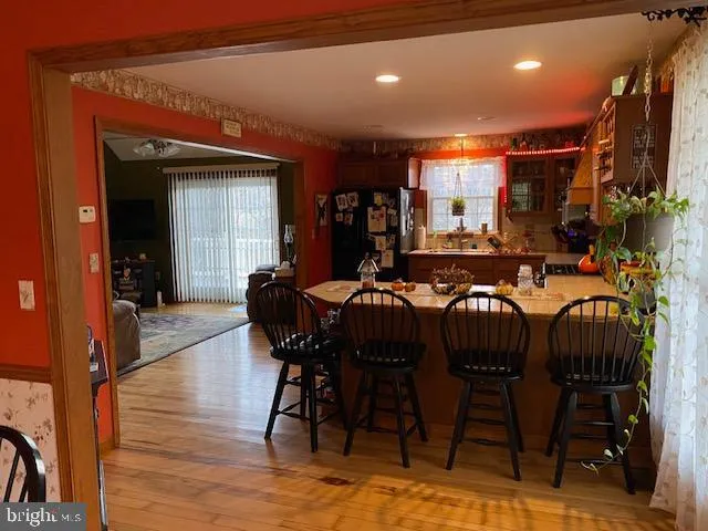 a view of a dining room with furniture