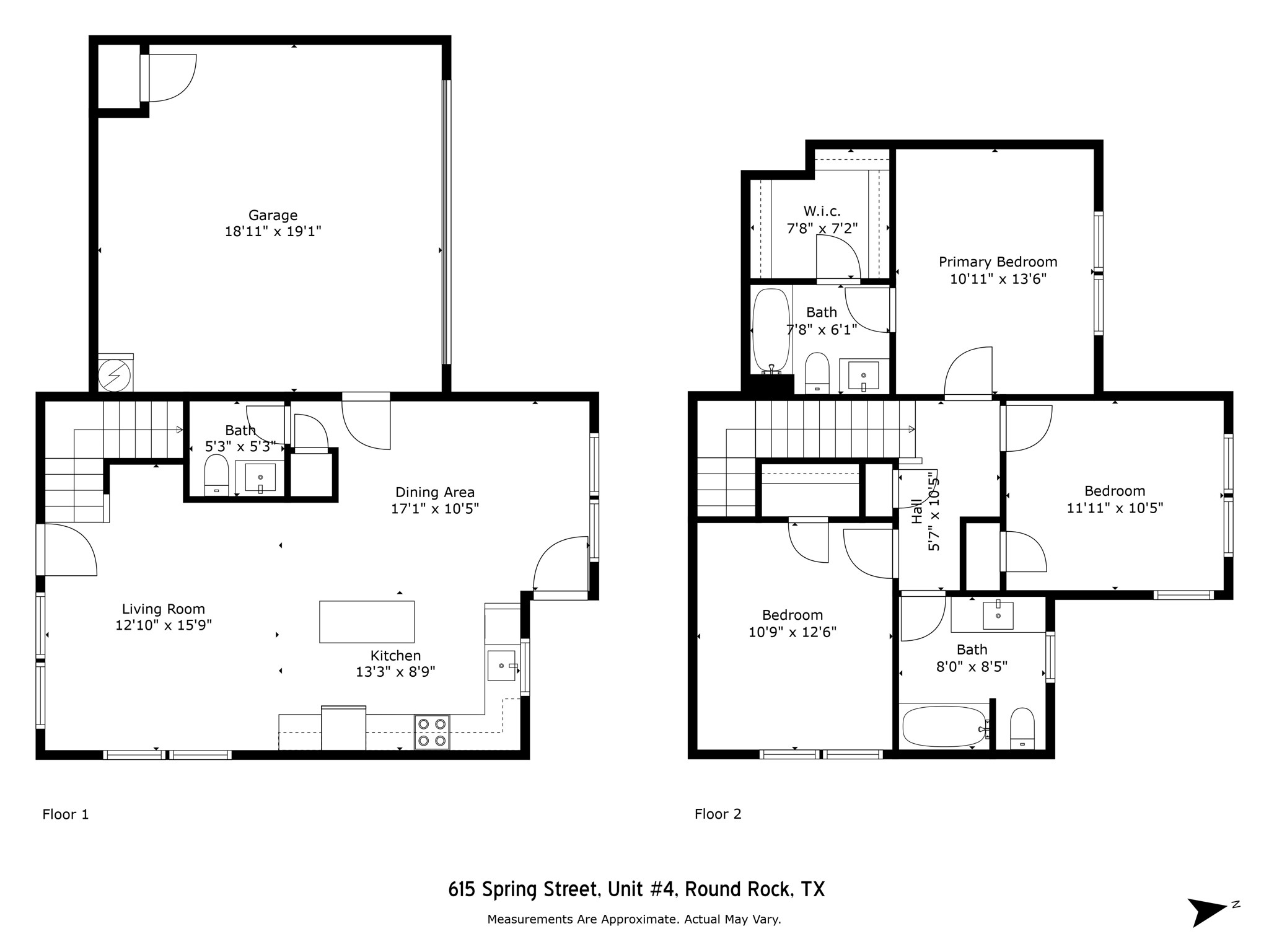 615 Spring Street, Unit 3 Round Rock, TX 78664 - Photo 12 of 14 A comprehensive two-story floor plan mapping out a home with distinct living zones and private quarters.