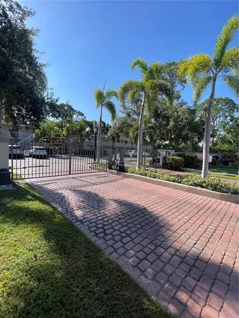 a view of a park with large trees