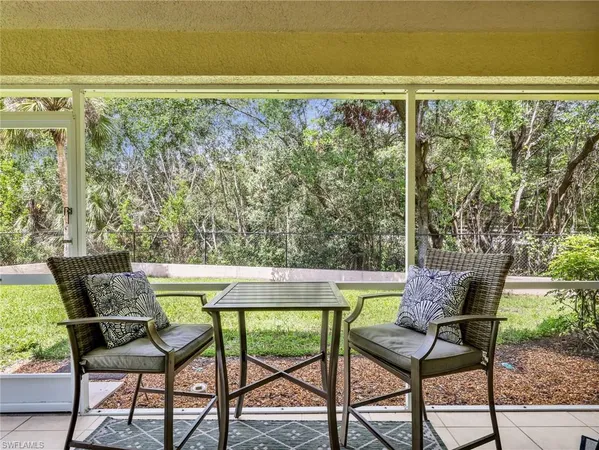 a view of a chairs and table in patio