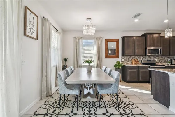 a view of a dining room with furniture