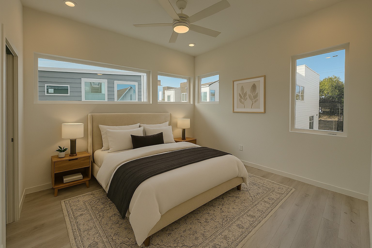 2000 Riverside Farms Road, Unit 8102 Austin, TX 78741 - Photo 6 of 10 This cozy bedroom features modern decor with a neutral color palette. It includes a comfortable bed, stylish nightstands with lamps, and large windows that provide plenty of natural light. The room is complemented by a ceiling fan and elegant artwork, creating a serene and inviting atmosphere.