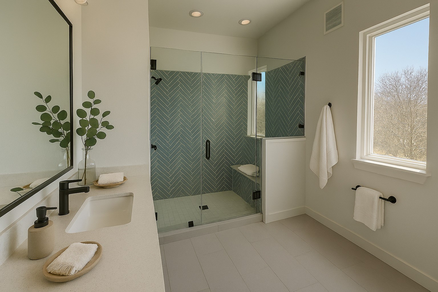 2000 Riverside Farms Road, Unit 8102 Austin, TX 78741 - Photo 8 of 10 This modern bathroom features a glass-enclosed shower with stylish herringbone tile, a large window providing natural light, and a sleek vanity with a vessel sink and matte black fixtures.