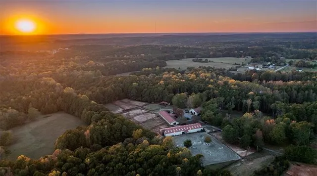 an aerial view of a tennis ground and large trees
