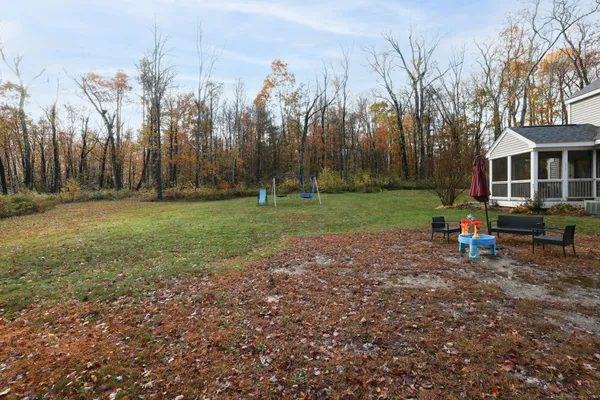 a view of a yard with large trees