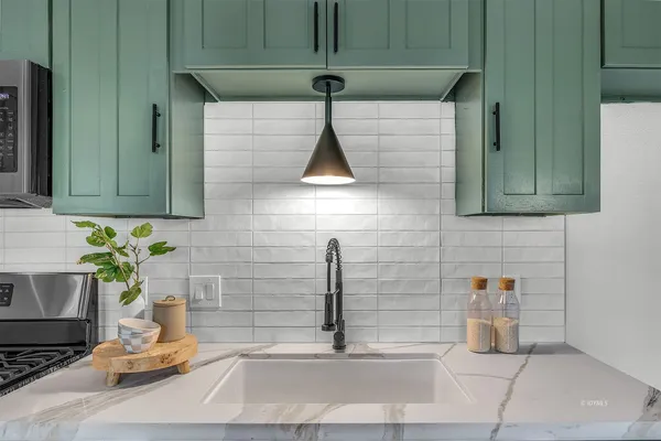 a kitchen with a sink and potted plant