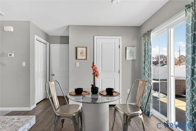 a view of a dining room with furniture and window