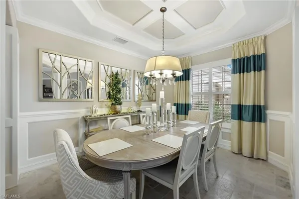 a view of a dining room with furniture window and chandelier