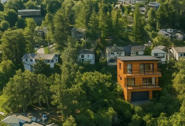an aerial view of a house with a yard