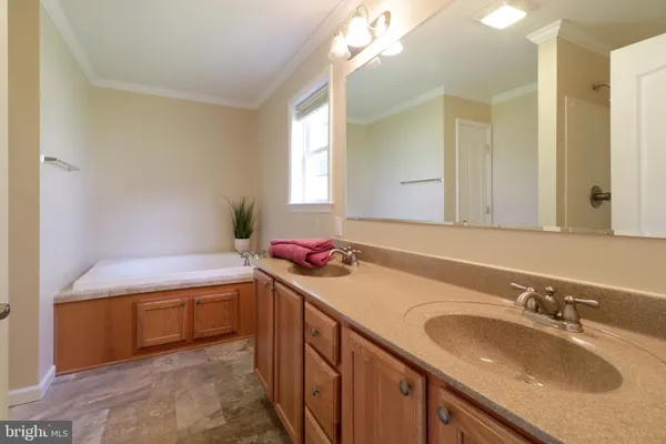 a bathroom with a tub sink and mirror