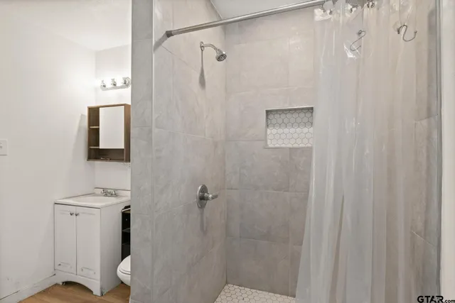 a bathroom with a shower and a toilet