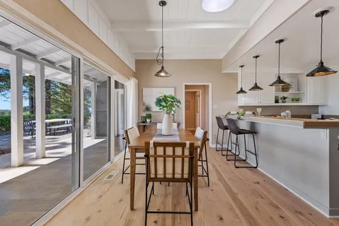 a view of a dining room with furniture window and wooden floor
