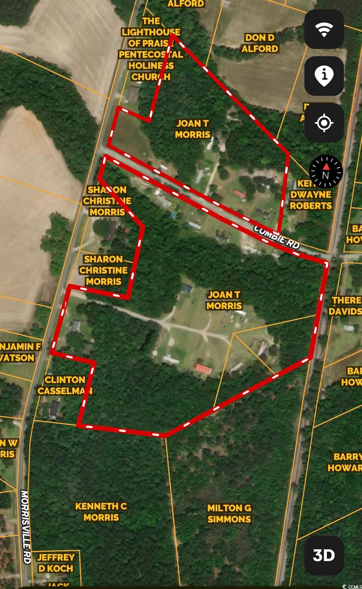 Tbd Morrisville Road Andrews, SC 29510 - Photo 23 of 29 Aerial map of property and surrounding area with property parcel outlined