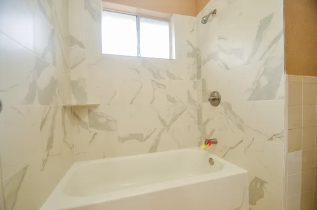 a bathroom with a bathtub