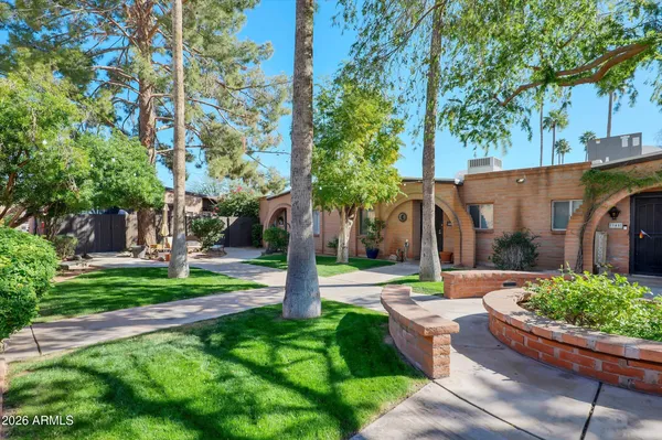 a garden with trees in front of it