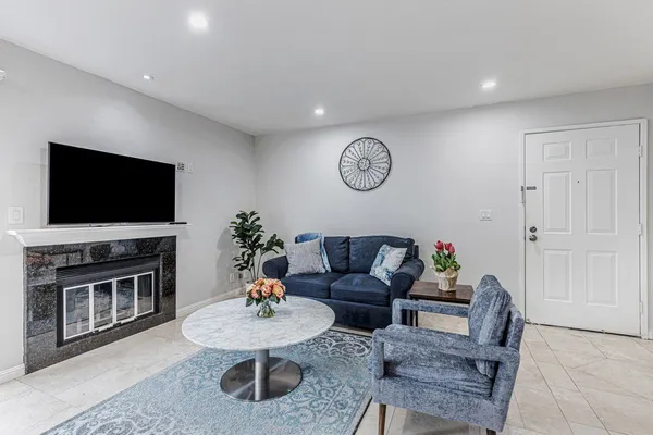 a living room with furniture a flat screen tv and a fireplace