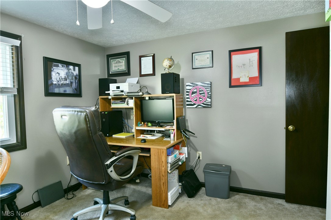 379 Housel Craft Road Bristolville, OH 44402 - Photo 27 of 50 Home office with a textured ceiling, baseboards, a ceiling fan, and carpet