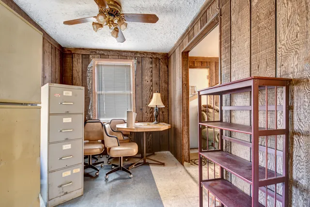 a workspace with chandelier