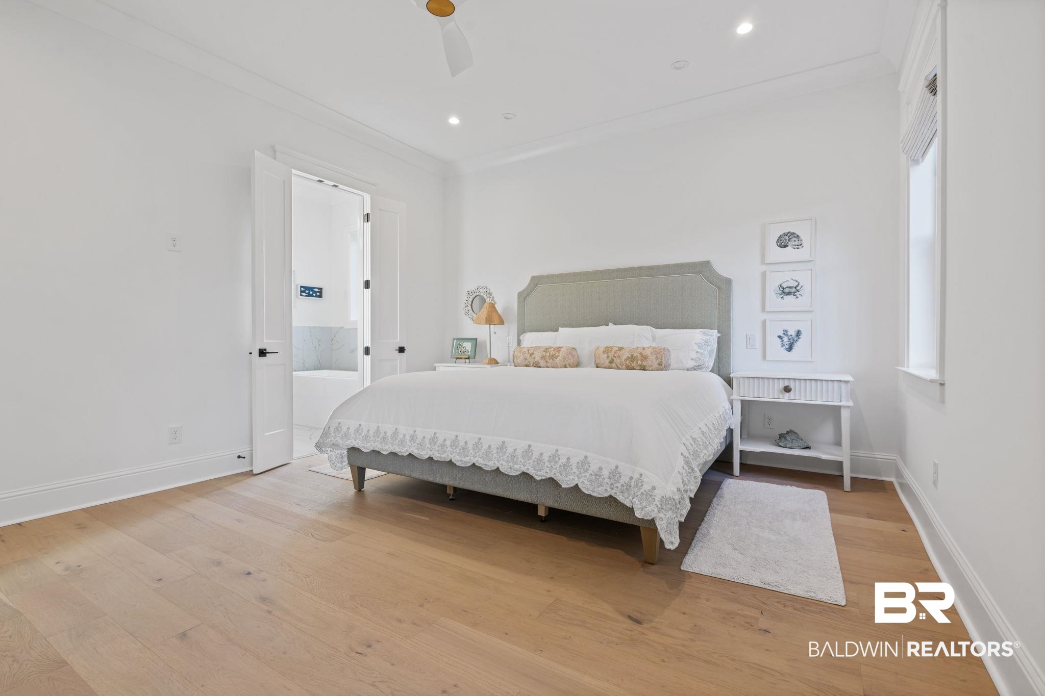 30313 River Road Orange Beach, AL 36561 - Photo 22 of 50 Bedroom featuring light wood-style floors, crown molding, ceiling fan, and recessed lighting