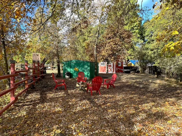 a view of a fire pit in middle of the forest