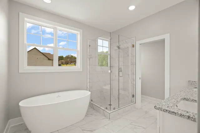 a bathroom with a bathtub and shower