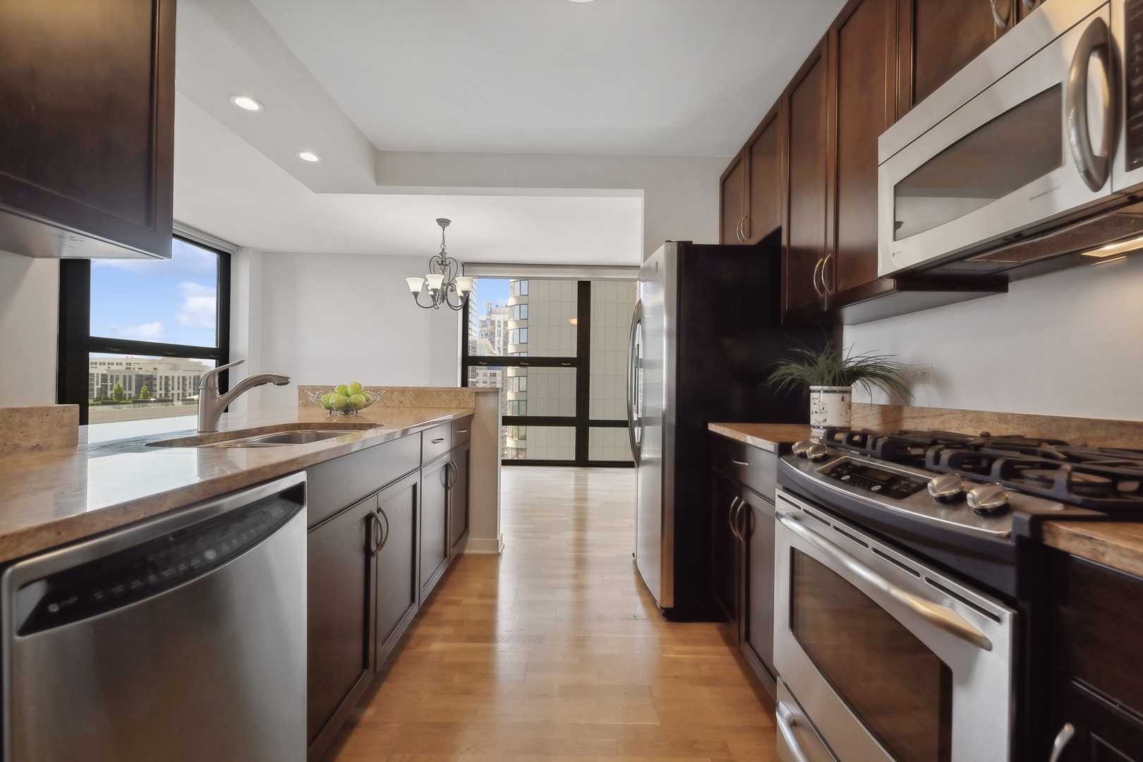 1160 South Michigan Avenue, Unit 2001 Chicago, IL 60605 - Photo 13 of 33 a kitchen with stainless steel appliances granite countertop a stove a refrigerator and a microwave