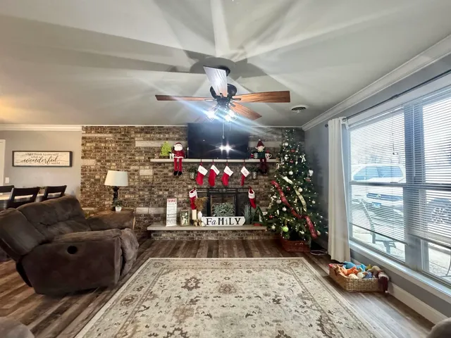 a living room with patio furniture
