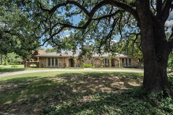 a view of a big yard next to a large trees