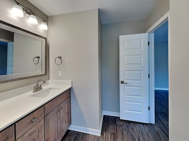 a bathroom with a sink and a mirror