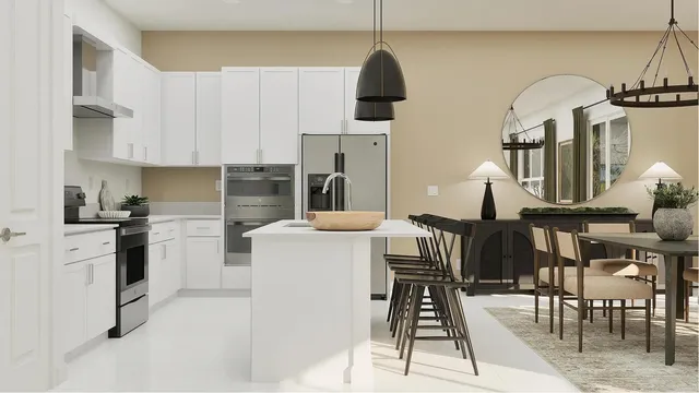 a kitchen with furniture a refrigerator and a view of living room
