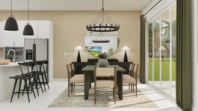 a view of a dining room with furniture and chandelier